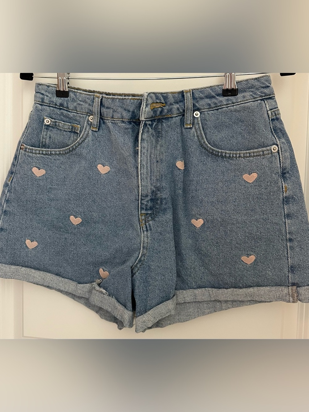 Francesca's Collections Light Blue Denim Shorts with Pink Heart Details - Picture 5 of 5
